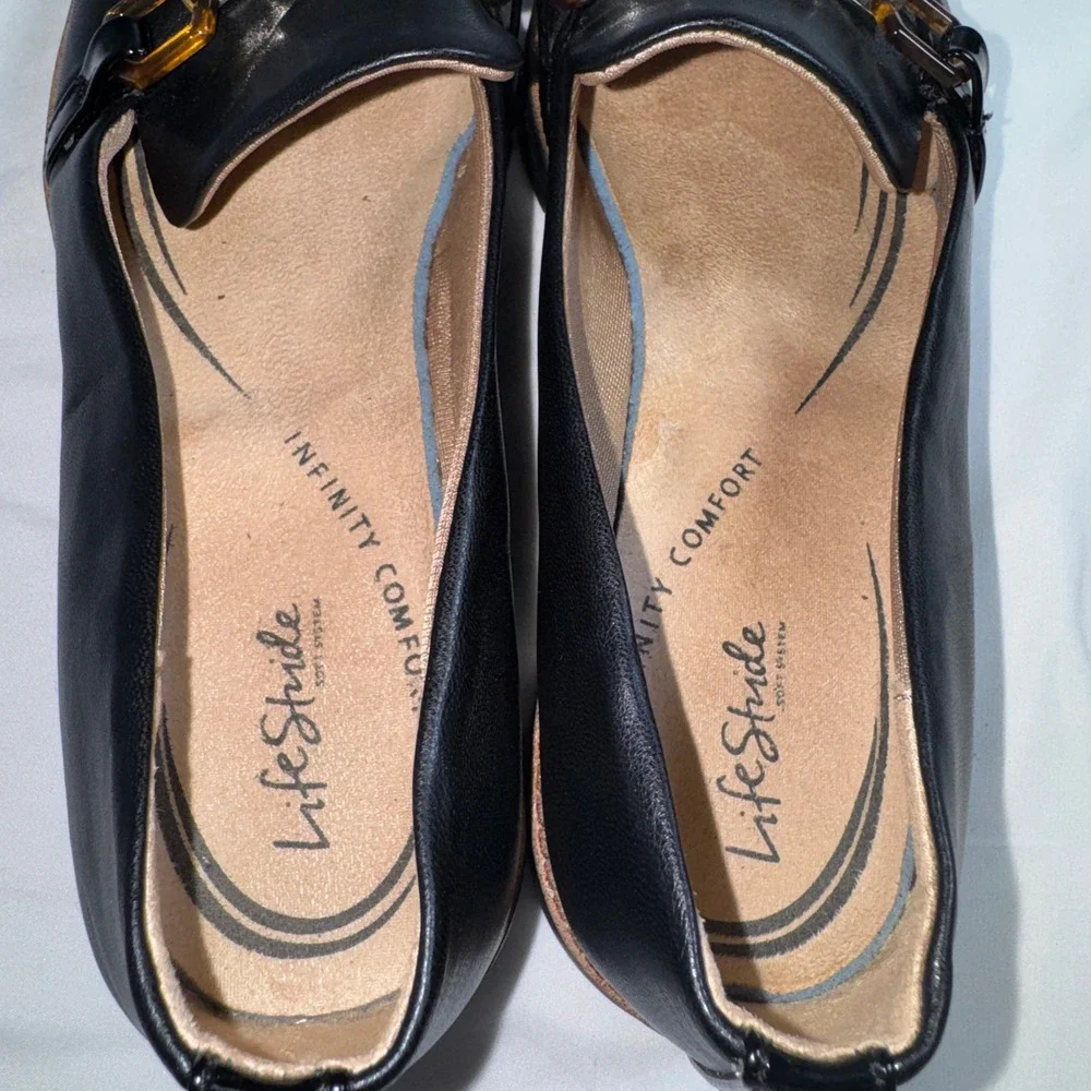LifeStride Optimist Black Loafers Tortoise Chain Wedge Platform Shoes Womens 9M
